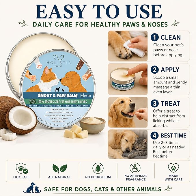 Dog & Cat Snout Paw Balm with Beef Tallow – Lick Safe. Paw & Nose Moisturizer for Dry, Cracked Paws – Natural Protective Balm for Dogs & Cats – 4 oz