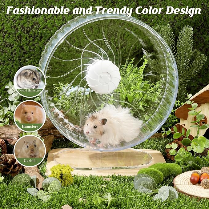 Silent Exercise Wheel with Adjustable Stand for Hamsters, Gerbils, Mice & Small Pets + Free Cleaning Cloth - 10.2" Diameter Running Wheel, Easy Clean, Anti-Slip Track (Transparent)