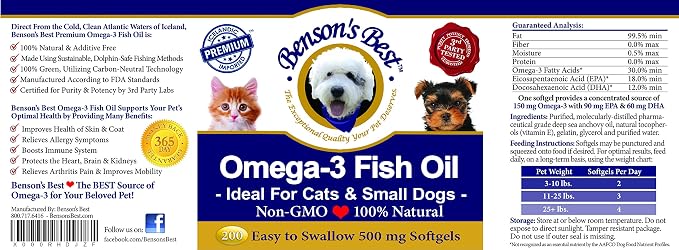 Benson's Best Omega 3 Fish Oil for Cats & Small Dogs - 200 Softgels 500mg - 43% More Omega 3 Fatty Acids Than Salmon Oil - 100% Pure, Non-GMO, Natural Pet Food Supplements