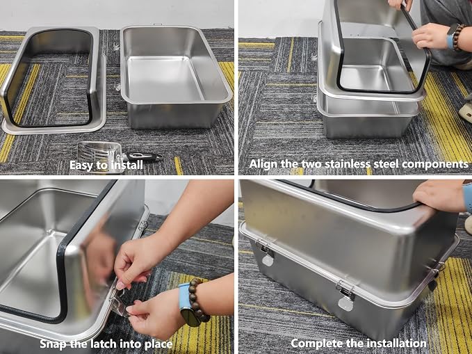 Stainless Steel Cat Litter Box, 19.7" L x 13.8" W x 11.8" H Large Semi Enclosed Removable Metal Litter Tray with High Sided Enclosure, Scoop, Anti-Leakage, Non-Sticky, Easy Cleaning