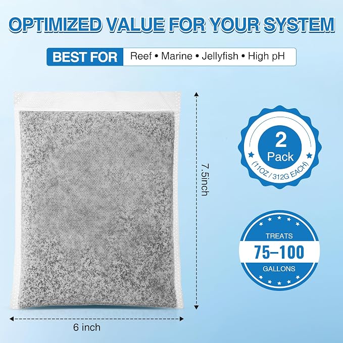 11 oz Bulk (2 Pack) Aquarium Filtration Media, Extruded Carbon & Ion Exchange Resin in Nylon Bags, Treats 75-100 Gallons Per Bag, Removes Phosphates & Metals for Reef, Jellyfish & High pH Aquariums