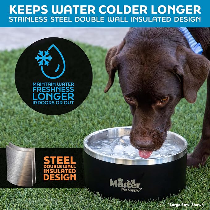 Master Pet Supply Stainless Steel Dog Bowls - 128 oz, Heavy Duty - Bone White, Double Wall Extra-Thick Insulated, Non-Slip Pet Water Bowl for Dogs, Cats & Pets, Anti Rust Metal, Dish Washer Safe