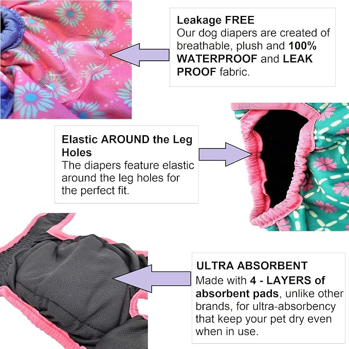 Pack of 6 Female Dog Diapers with 4 - Layers of Absorbent Pads Cat Panties Waterproof Leak Proof Washable (S: Waist 12" - 16", Pack of 6 Patterns)