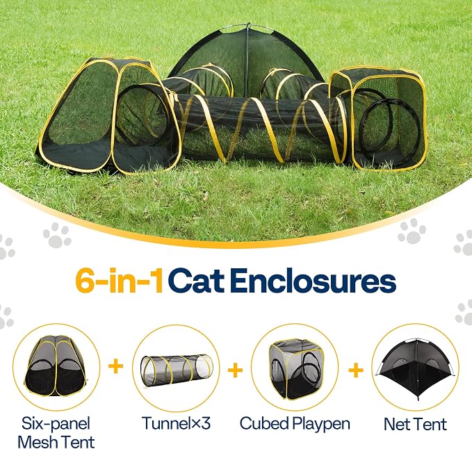 VIVOHOME 6-in-1 Outdoor Cat Enclosure with Playhouse, 2 Tents & 3 Tunnels - Portable Cat Playground with Leash and Mint Ball for Indoor/Outdoor Use, Yard Balcony Camping Safety