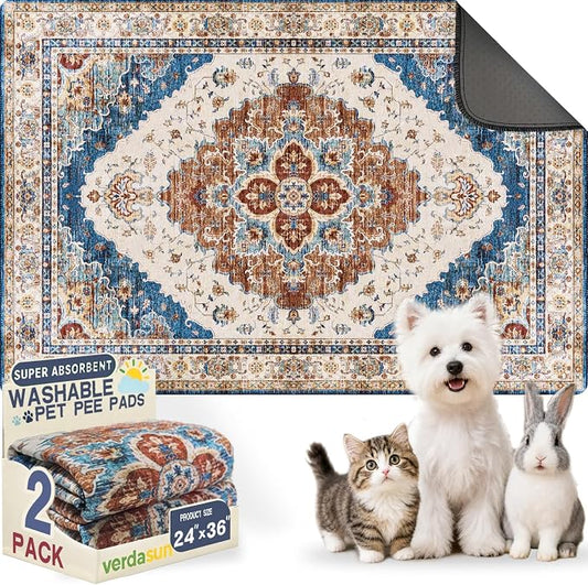 Washable Pee Pads for Dogs, Reusable Puppy Potty Training Pads, Ultra-Absorbent Thick Waterproof Leak-Proof Non-Slip Pads & Mat for Crate, Playpen, Floor, Whelping & Housebreaking , 2 Pack 24"x36"