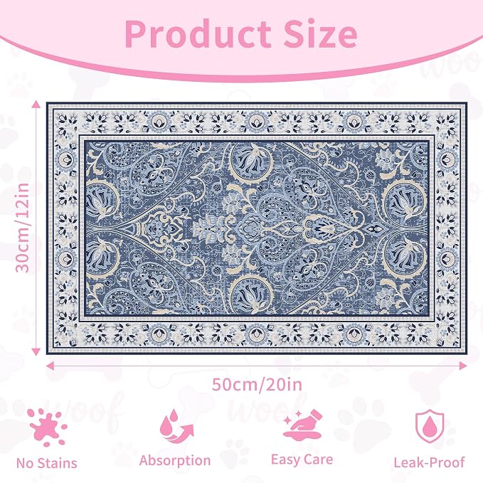 Blue Floral Pet Feeding Mat, Absorbent Dog/Cat Food Mat for Food and Water Bowl, Non-Slip Quick Dry Pet Placemat Floor Protector for Messy Drinkers(12 x 20 in)