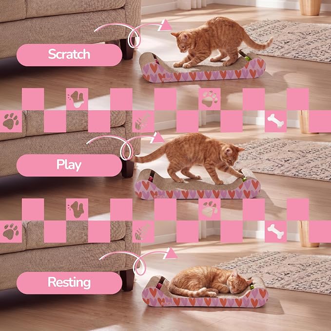 Rini 23.75" Modern Cardboard Cat Scratcher Lounge Bed with Built-in Bell Toys and Catnip, Ergonomic Curved Sofa Design, Pink/Red CSR1003D