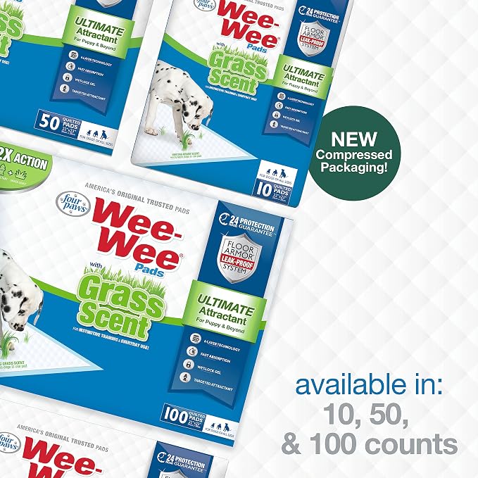 Four Paws Wee-Wee Ultimate Attractant Grass Scented Pee Pads for Dogs & Puppies, Leak-Proof Dog Housebreaking Instinctive Potty Training Floor Protection, 22" x 23", 100 Count