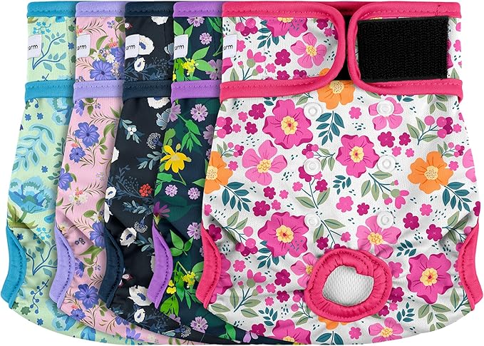 5 Pack Reusable Diapers for Doggie, Highly Absorbent Dog Diapers Female for Pet with Incontinence or Frequent Urination, Small Dog Diapers Female, Flowers
