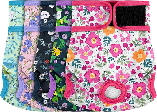5 Pack Reusable Diapers for Doggie, Highly Absorbent Dog Diapers Female for Pet with Incontinence or Frequent Urination, Medium Dog Diapers Female, Flowers