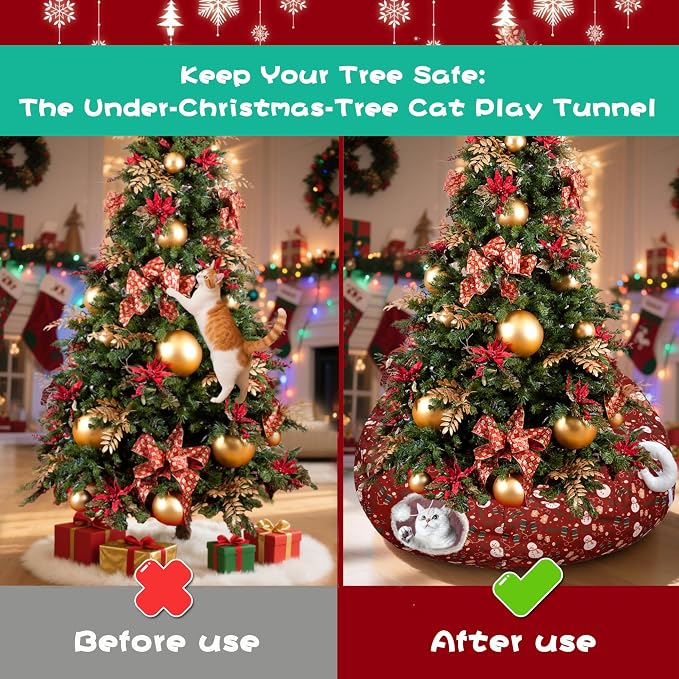 Cat Tunnel Bed in 3FT x 3FT x 9.8IN - Decorative Christmas Style with Snowman and Glove Patterns - Red Color Perfect for Festive Felines