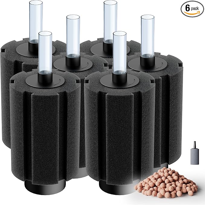 Aquarium 80-150 Gallon 6 Pack Sponge Filter with Air Stone and Ceramic Media Quiet Fish Tank Filters fit Breeding Fry Betta Shrimp Fish Tank