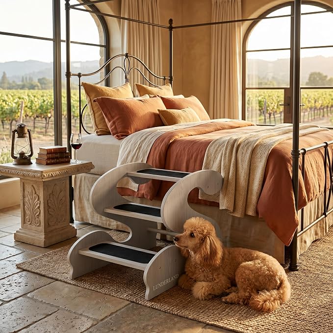 Wood Dog Stairs for Bed and Sofa (WhiteMapleGrainPatten) | 3-Step Small Senior Pet 23¼ D x 16¾" W x 19⅜ H,Trainer-Recommended Wood Ramp Steps
