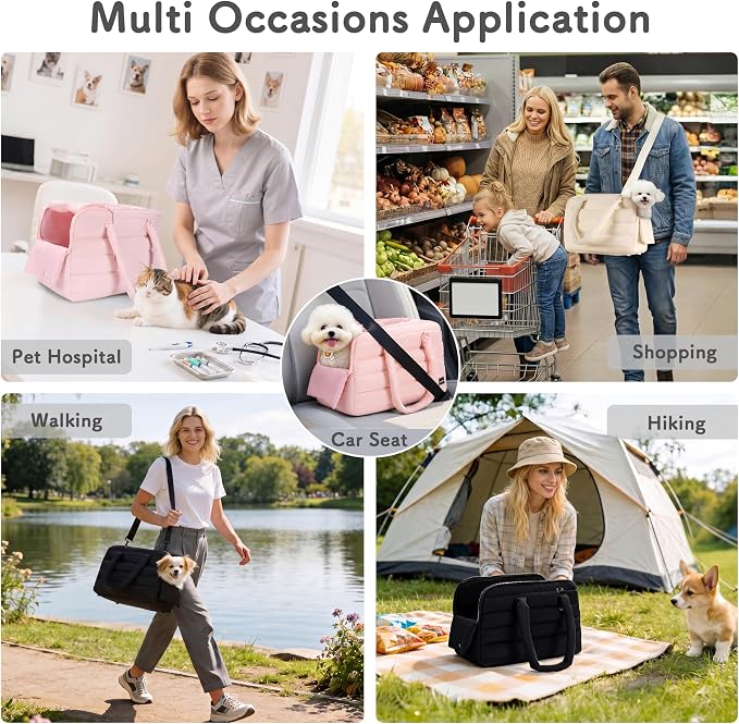 Dog Purse Carrier for Small Dog Cat Rabbit up to 13 lbs, Lightweight Portable Soft Sided Pet Purses, Quilted Puffy Tote Puppy Carrier with Large Pockets for Hiking, Travel, Vet Pink