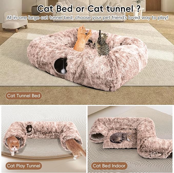 Extra Large Cat Tunnel Bed, 4 Ways Tunnels for Indoor Cats, Multi-cat Family Pet Bed & Cave, Plush Cat Donut with Washable Middle Mat, Exit Balls, Pet Play Toy for Kitten Puppy Rabbit, Brown