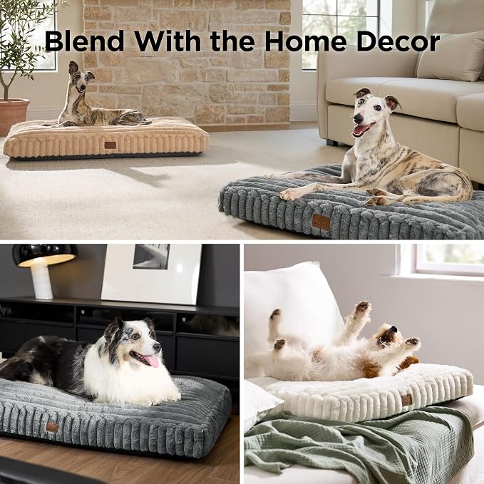 Bedsure ComfyFleece™ Plush Dog Beds Large Sized Dog, Dog Crate Bed for Balanced Support, Cute Chopped Foam Pillow Pad with Removable Washable Cover, Non-Slip Waterproof Cozy Pet Mat, 35"x22", Cream