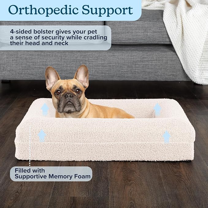 Orthopedic Dog Bed - 26in Small Dog Bed with Supportive Bolster, Nonslip Bottom, and Removable Washable Cover - Memory Foam Puppy Bed for Small Dogs and Cats - Dog Products by PETMAKER (Cream)
