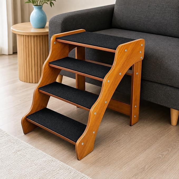 Solid Wood pet Staircase Walnut Paint, Dog Ladder, Suitable for high beds, Sofas, and Cars, with a Weight Capacity of 500 pounds, Anti Slip Staircase, Suitable for Large Pets (Walnut 2 Steps)