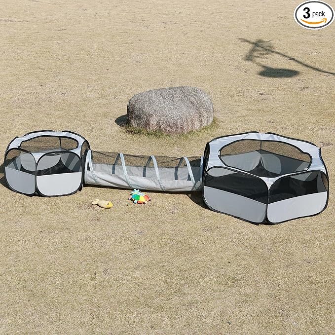 Outdoor Cat Enclosure，Cat Tunnels for Indoor and Outdoor Playpen Portable Cats with Cube Tent Toys Combo for Kitten, Puppy, Rabbit and Small Animals(One Small and One Large Hexagonal Cube +Tunnel