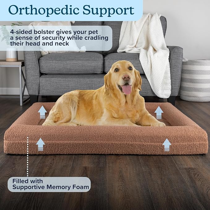 Orthopedic Dog Bed - 45in Large Dog Bed with Supportive Bolster, Nonslip Bottom, and Removable Washable Cover - Memory Foam Pet Beds for Large Dogs - Dog Products by PETMAKER (Brown)