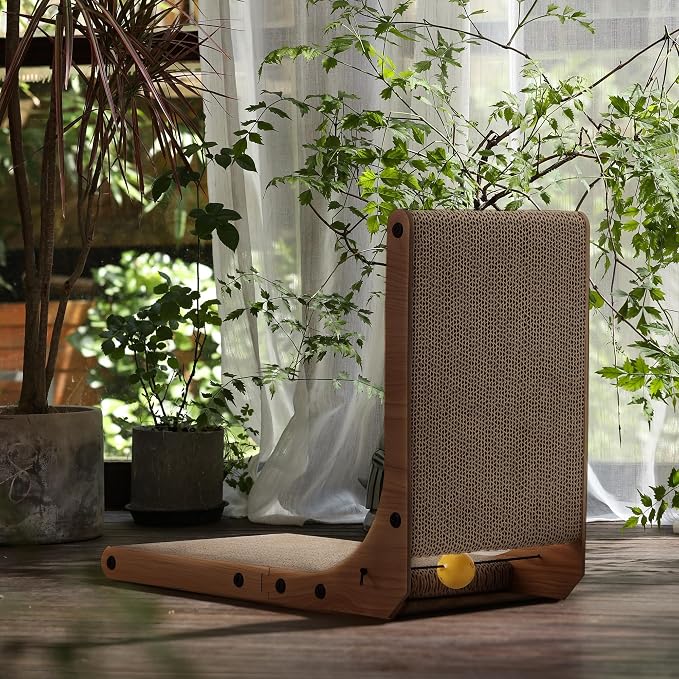 FUKUMARU Cat Scratcher, 18.9 Inch L Shape Cat Scratch Pad, Vertical Cat Scratcher Wall Mounted, Cat Scratching Cardboard with Ball Toy for Indoor Cats