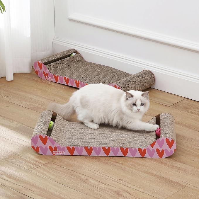 Rini 23.75" Modern Cardboard Cat Scratcher Lounge Bed with Built-in Bell Toys and Catnip, Ergonomic Curved Sofa Design, Pink/Red, Set of 2 CSR1003D-SET2