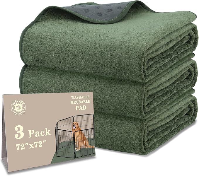 Bunlitent Washable Puppy Pads Extra Large 72'' x 72'', 3 Packs, Non-Slip Waterproof Reusable Pee Pads for Puppy Senior Dog , Incontinence Whelping for Dog Playpen, Quick Dry, Green