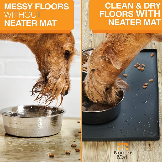 Neater Pets Neater Feeder Deluxe Mess-Proof Slow Feed Bowl & Water Bowl with Neater Mat Waterproof Silicone Mat - Protect Floors from Food & Water, Midnight Black