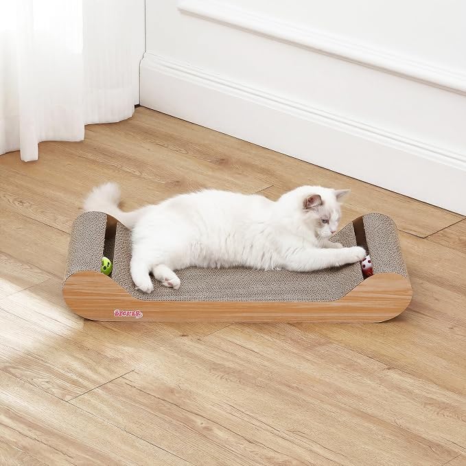 Rini 23.75" Modern Cardboard Cat Scratcher Lounge Bed with Built-in Bell Toys and Catnip, Ergonomic Curved Sofa Design, Oak Wood Finish CSR1003C