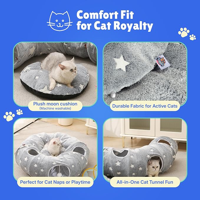 Cat Tunnel Bed for Indoor Cats | Plush Interactive Donut Tunnel, Peekaboo Holes, Shape-Shifting Design, Washable Cushion, For Small to Medium Pets