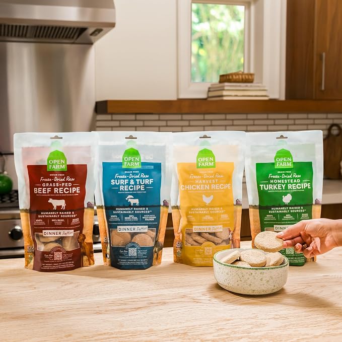 Open Farm, Freeze Dried Raw Dog Food, Patties with 95% Meat, Organs & Bone, Complete Meal or Freeze Dried Dog Food Mixer, Chicken Recipe, 17.5oz Bag