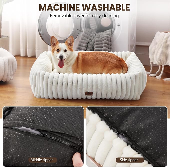 Dog Beds Large Sized Dog,Rectangle Orthopedic Pet Bed for Large Dog, Comfort Fluffy Memory Foam Dog Beds with Anti-Slip Bottom,Cream(35x25x9inchs)
