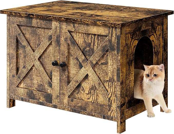 Shintenchi Cat Litter Box Enclosure, Litter Box Furniture Cabinet Hidden with Removable Divider, Wooden Cat House with End Table, Brown, 31.5 inch
