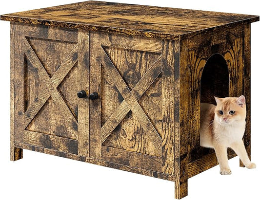 Shintenchi Cat Litter Box Enclosure, Litter Box Furniture Cabinet Hidden with Removable Divider, Wooden Cat House with End Table, Brown, 31.5 inch