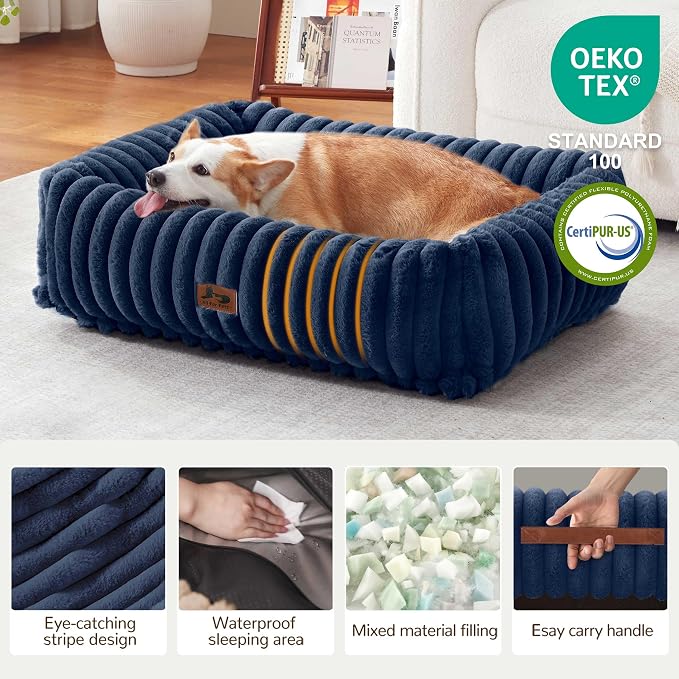 Dog Beds Large Sized Dog,Rectangle Orthopedic Pet Bed for Large Dog, Comfort Fluffy Memory Foam Dog Beds with Anti-Slip Bottom,35 x25 x9 Inches,Navy