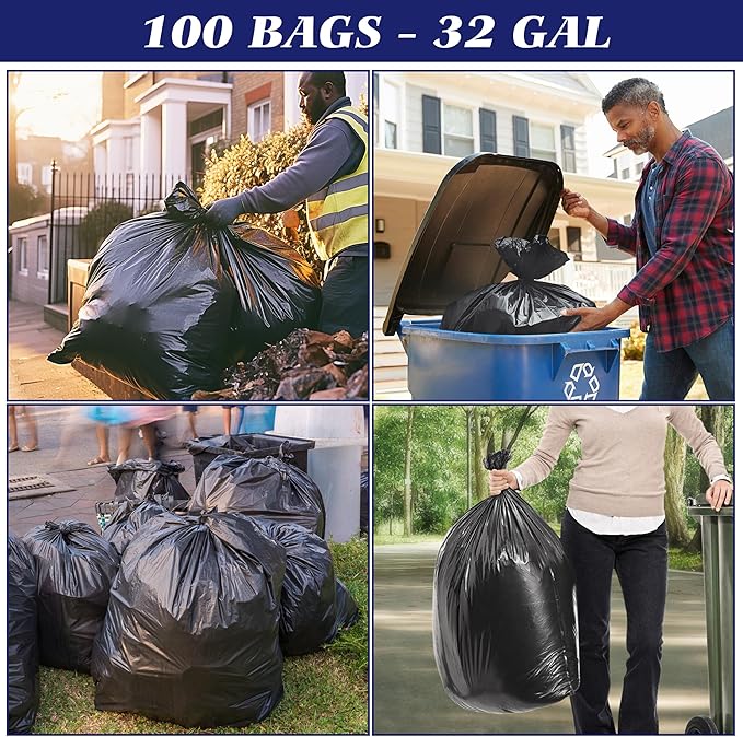 Teivio Black Large Trash Bags 30-33 Gallon 100 Count | Large Multipurpose | Fit 23,25,30,33 gallon Garbage Bin Liner | Kitchen | Lawn And Leaf Bags Outdoor Yard Waste Bag | Workshops Trash