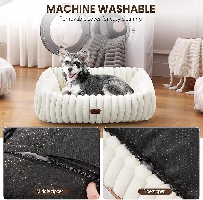 Cute Dog Bed for Small Dogs & Cats,Washable Fluffy Cat Beds for Indoor Cats, Rectangle Orthopedic Memory Foam Puppy Beds with Anti-Slip Bottom, 20 x19 x 7 Inches, Cream(20x19x6inchs)