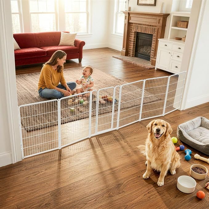 FXW Dog Gate Extra Wide Designed for Indoor Use, Adjustable Width Up to 165-inch Wide (40" H 6 Wire Panels for Medium and Large Dogs), White