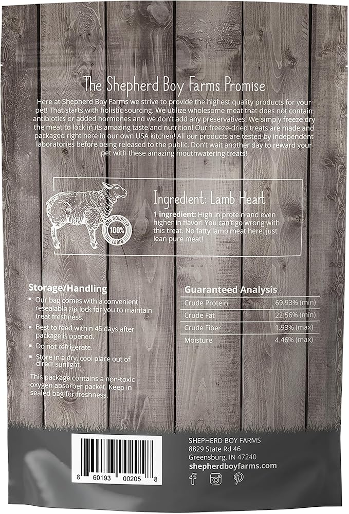 Shepherd Boy Farms Freeze Dried Dog and Cat Treats, Lamb Heart, All Natural Single Ingredient Freeze-Dried Dog Treat & Snacks, Made in USA, High Protein, Essential Nutrition of Raw Food, 3oz