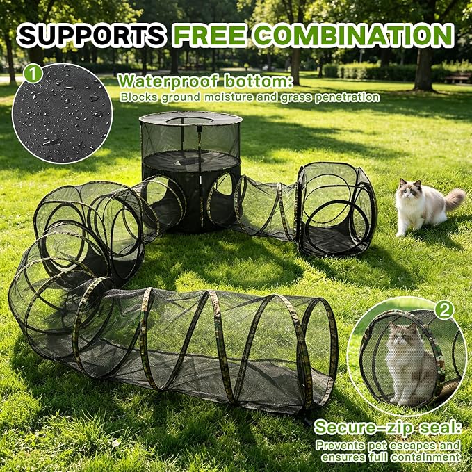 CypherX 6 in 1 Extra Large Outdoor Cat Enclosure, 2-Tier Camouflage Catio Tents and Tunnels for Outside, Pop Up Pet Tower Playpen Tube, Spacious Mesh Cage Playground for Large Breed Cats, Camo