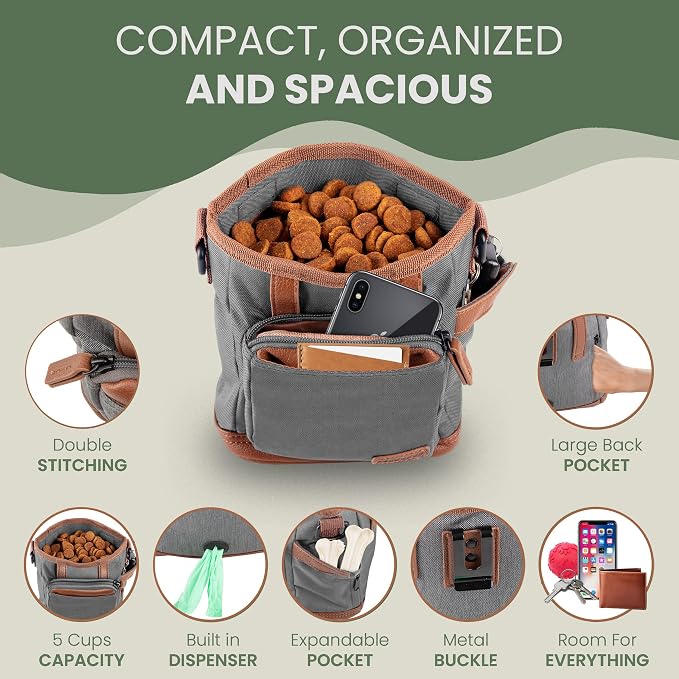 BEAU&FUR Large Dog Treat Pouch with Clicker for Training – 4 Cup Capacity, Built-In Poop Bag Dispenser, Expandable Pocket, Metal Buckle, Large Back Pocket, Ideal Design for Walks and Training – Grey