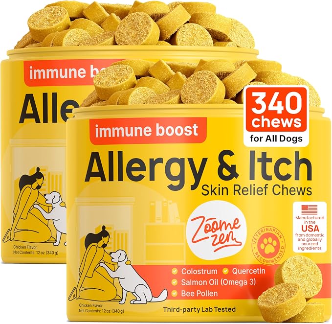 Dog Allergy Chews – Dog Allergy Relief, Itch Relief for Dogs – Anti Itch, Allergies & Immune Chews for Dogs with Omega 3 Fish Oil, Colostrum & Probiotics – 340 Count, Made in USA