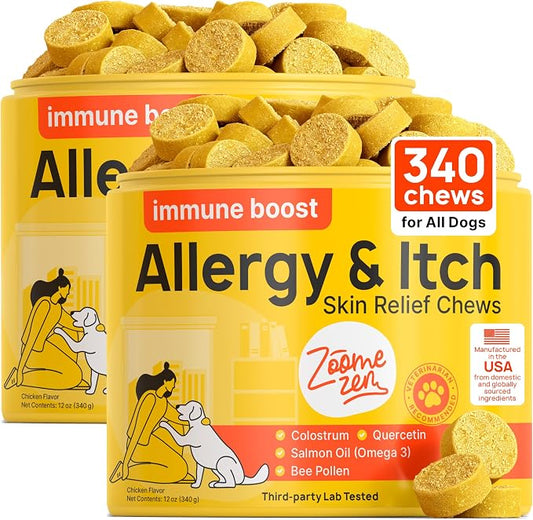 Dog Allergy Chews – Dog Allergy Relief, Itch Relief for Dogs – Anti Itch, Allergies & Immune Chews for Dogs with Omega 3 Fish Oil, Colostrum & Probiotics – 340 Count, Made in USA