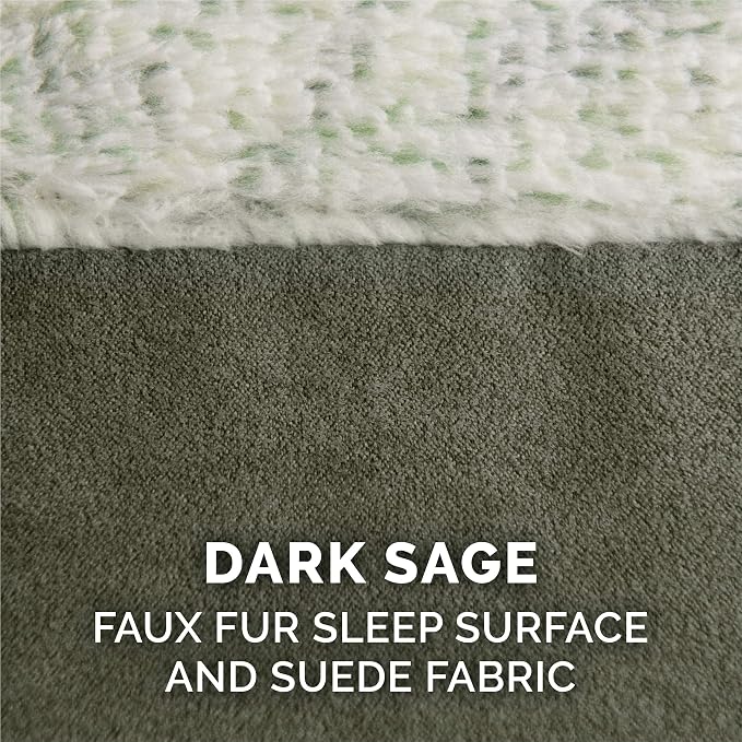 Furhaven Pillow Dog Bed for Large Dogs w/ Removable Bolsters & Washable Cover - Two-Tone Plush Faux Fur & Suede L Shaped Chaise - Dark Sage, Jumbo/XL