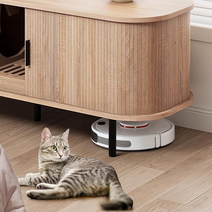 DWVO 55.1in Double Cat Litter Box Enclosure with Power Outlet, Wooden Kitty Litter Box TV Stand Furniture, Litter Box Furniture Hidden for 2 Cats, Light Oak