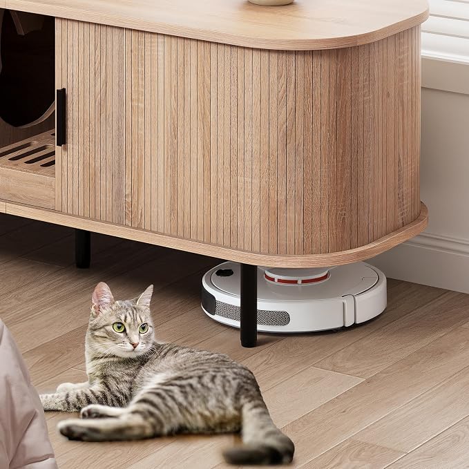 YITAHOME Double Cat Litter Box Enclosure with Power Outlet, 55.1in Litter Box Furniture Hidden, Wooden Kitty Litter Box TV Stand Furniture for 2 Cats, Light Oak