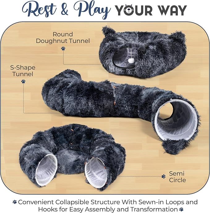Cat Tunnel Bed with 8 Spring Toys - Plush Peekaboo Cat Cave for Indoor Pets - Versatile Cat Donut Tunnels for Indoor Cats- Foldable Kitten Bed Tunnel