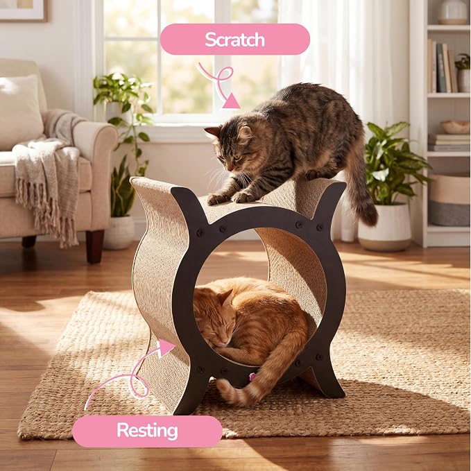Nyan 16.5" Modern Cardboard Tunnel Cat Scratcher House with Catnip, Corrugated Indoor Cat Hideaway Den, Solid Black Scratching Surface for All Cats CSR1007J