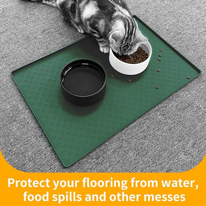 Ptlom Pet Placemat for Dog and Cat, Waterproof Silicone Pet Feeding Bowl Mats for Food and Water, Small Medium Large Dogs Mat Prevent Residues from Spilling to Floor, Hunter Green, 18" 12"