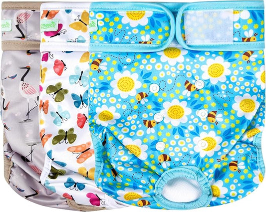 wegreeco Washable Female Dog Diapers Highly Absorbent Reusable Diapers for Dog in Heat Period, 3 Pack (Flamingoes, Large)